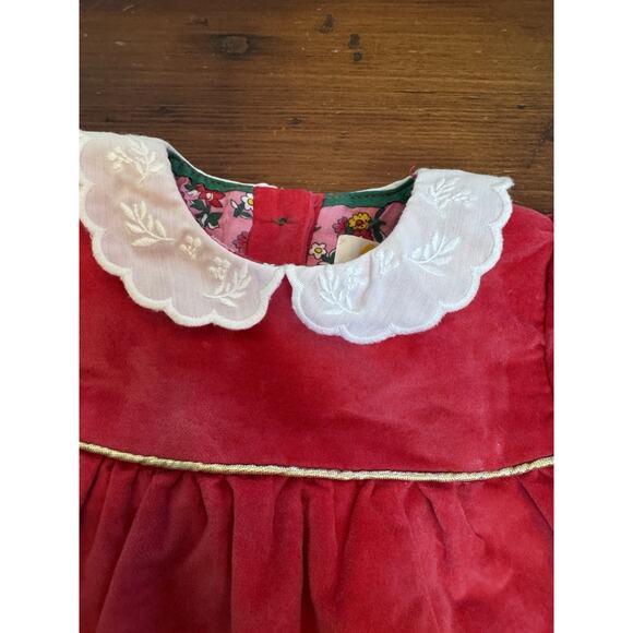 Mini Boden Appliqué Velvet Dress Poppy Red Size 0-3 Months Lined Lace Collar - Picture 10 of 11